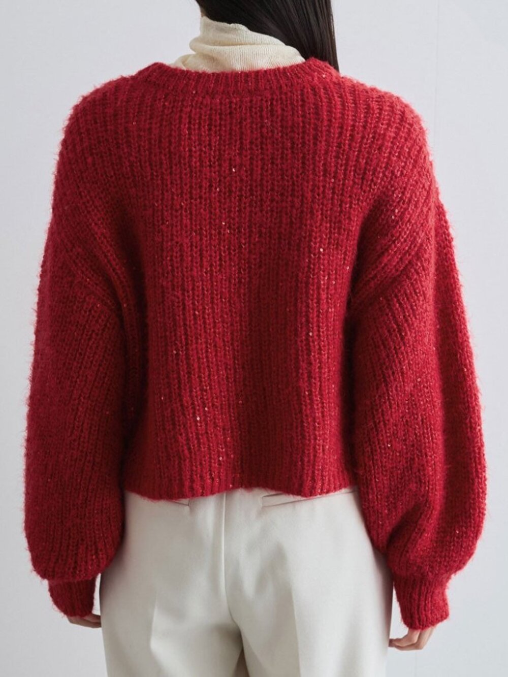 Sparkly Red Knit Sweater Sequins Crew Neck Long Sleeve Cozy Pullover Women F - Picture 2 of 8